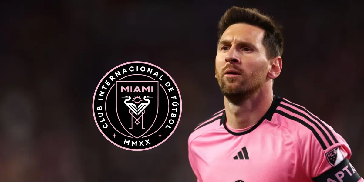 Lionel Messi looks serious wearing an Inter Miami kit while the Inter Miami badge is next to him.