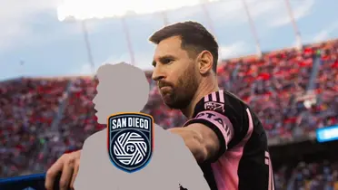 Lionel Messi looks serious while the mystery player has the San Diego FC badge on him.