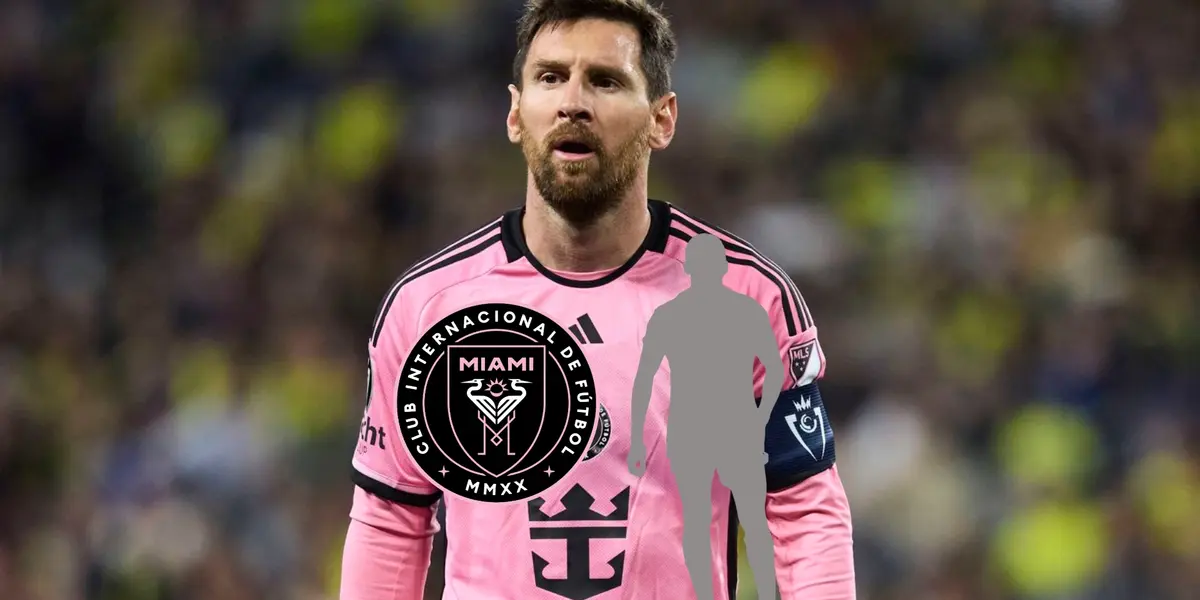 Lionel Messi looks to the crowd while wearing the Inter Miami jersey. The Inter Miami badge and a mystery player is below him.