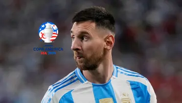 Lionel Messi looks to the side as he wears the Argentina national team jersey while the Copa America logo is next to him. (Source: Messi Xtra X)