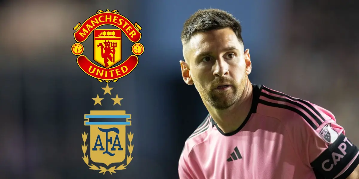 Lionel Messi looks to the side wearing an Inter Miami jersey while the Manchester United and Argentina national team badge is next to him.