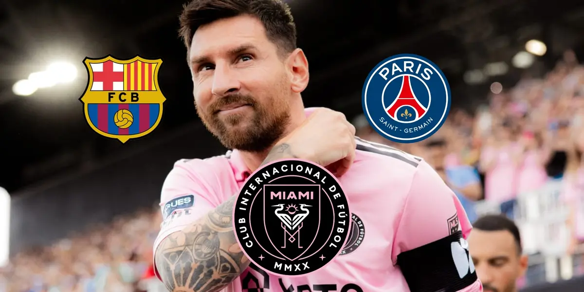 Lionel Messi looks up, wearing an Inter Miami jersey while the badges of FC Barcelona, Inter Miami, and PSG are around him.