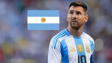 Lionel Messi looks up while wearing an Argentina jersey and the Argentina flag is next to him.
