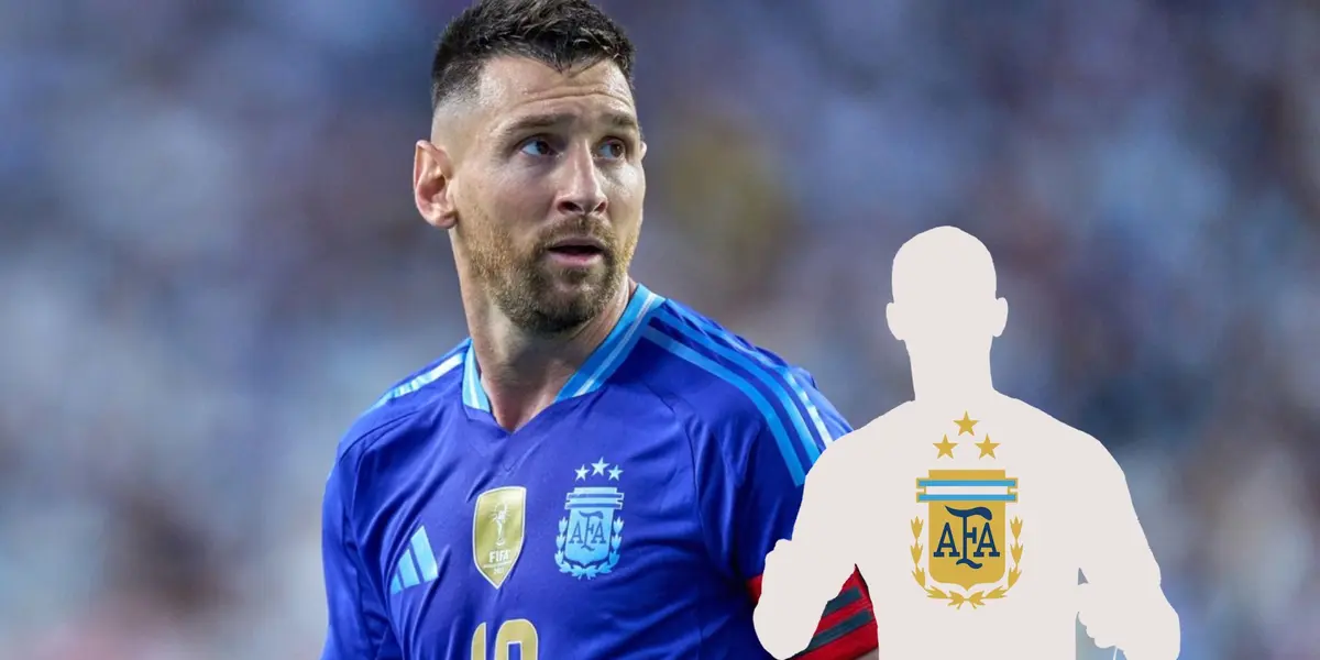 Lionel Messi looks up while wearing the Argentina jersey and a mystery player has the Argentina national team badge. (Source: Messi Xtra X)