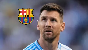 Lionel Messi looks up while wearing the Argentina jersey; the FC Barcelona badge is next to him.