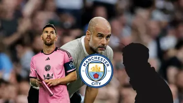 Lionel Messi looks up with an Inter Miami kit on and Pep Guardiola looks worried with a Man City logo below him. A mystery player is next to the City logo.