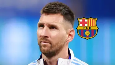 Lionel Messi looks up with the Argentina jacket while the FC Barcelona badge is next to him. (Source: Messi Xtra X)