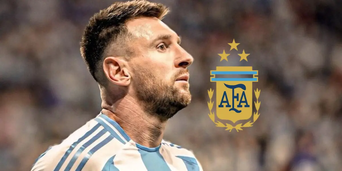 Lionel Messi looks worried as he wears the Argentina jersey and the Argentina national team badge is next to him. (Source: Messi Xtra X)