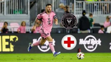 Lionel Messi runs with the ball while playing for Inter Miami; the Inter Miami badge and the injury logo is next to him. (Source: USA TODAY Sports/Reuters)