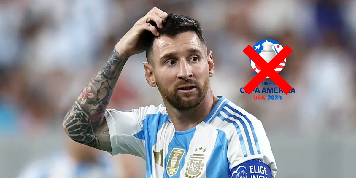 Lionel Messi scratches his head with worry on his face as he wears the Argentina jersey; the Copa America logo is crossed out. (Source: CONMEBOL, Messi Xtra X)