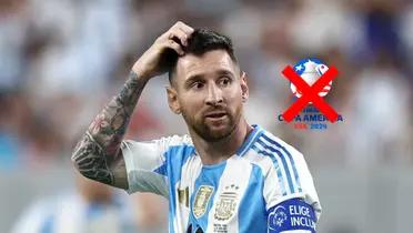 Lionel Messi scratches his head with worry on his face as he wears the Argentina jersey; the Copa America logo is crossed out. (Source: CONMEBOL, Messi Xtra X)