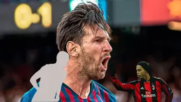 Lionel Messi screams with joy while Ronaldinho wears the AC Milan jersey and a mystery player is next to him. (Source: X)