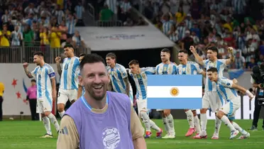 Lionel Messi smiles during training as the Argentina flag is next to him and in the background is the Argentina national team celebrating. (Source: Messi Xtra X)