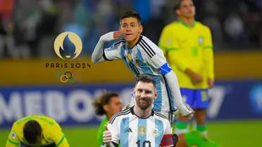 Lionel Messi smiles while he wears the Argentina jersey as Claudio Echeverri celebrates a goal he scored as the Paris 2024 Games logo is next to him. (Source: Getty Images)