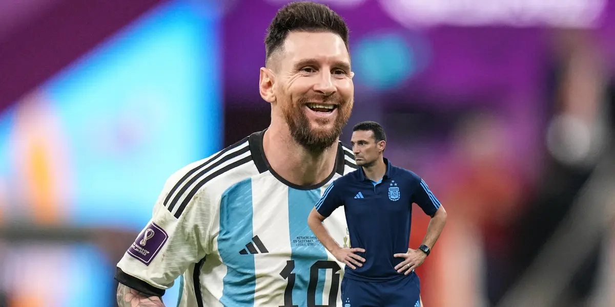 Lionel Messi smiles while wearing the Argentina national team jersey and Lionel Scaloni puts his hands on his hip.