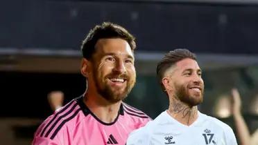 Lionel Messi smiles with an Inter Miami shirt on and Sergio Ramos smiles with a white shirt.