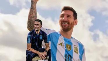 Lionel Messi smiles with the new Argentina national team jersey next to Lionel Scaloni who is sitting down.