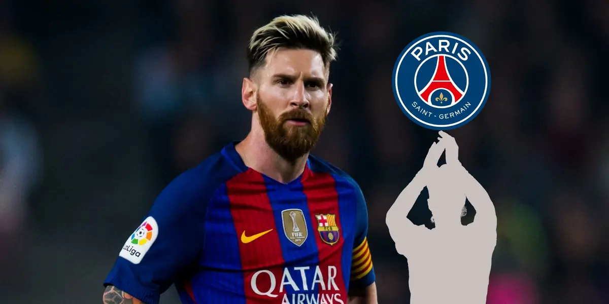 Lionel Messi stares while wearing the FC Barcelona jersey and a mystery player claps near the PSG badge. (Source: Sky Sports)