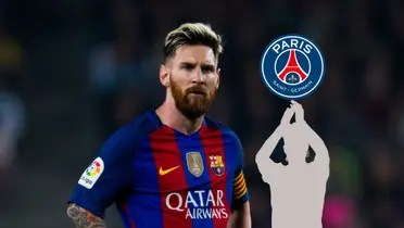 Lionel Messi stares while wearing the FC Barcelona jersey and a mystery player claps near the PSG badge. (Source: Sky Sports)