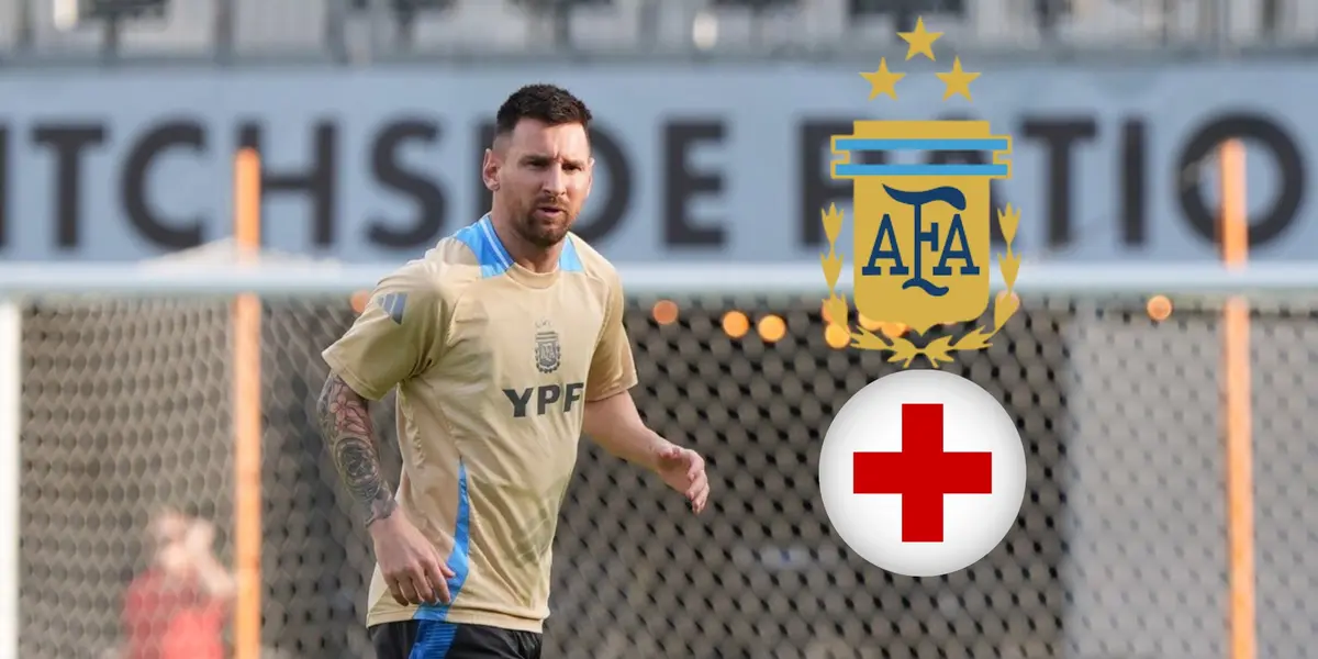 Lionel Messi trains with the Argentina training kit as the Argentina national team badge and the medical cross is next to him. (Source: All About Argentina X)
