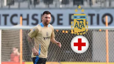 Lionel Messi trains with the Argentina training kit as the Argentina national team badge and the medical cross is next to him. (Source: All About Argentina X)