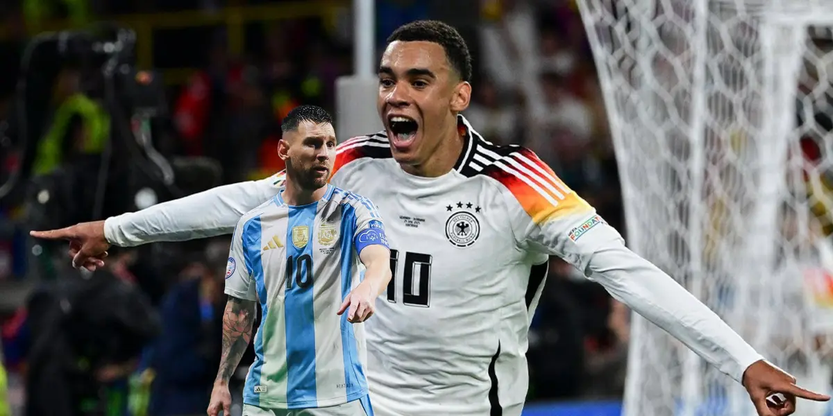Lionel Messi walks as he wears the Argentina jersey and Jamal Musiala celebrates his goal with the Germany jersey on. (Source: Jamal Musiala X, Messi Xtra X)