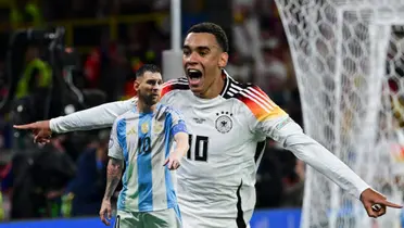 Lionel Messi walks as he wears the Argentina jersey and Jamal Musiala celebrates his goal with the Germany jersey on. (Source: Jamal Musiala X, Messi Xtra X)
