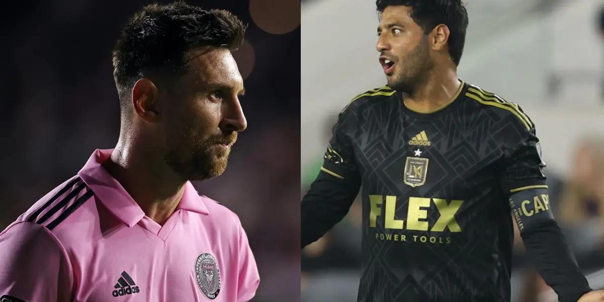 Lionel Messi wears the Inter Miami jersey while Carlos Vela wears the LAFC jersey.