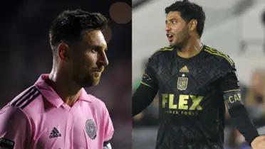 Lionel Messi wears the Inter Miami jersey while Carlos Vela wears the LAFC jersey.