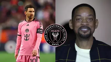 Lionel Messi wears the Inter Miami jersey while Will Smith smiles; the Inter Miami logo is in the middle.