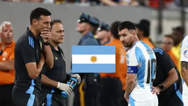 Lionel Scaloni looks concerned as Lionel Messi looks worried and the Argentina flag is in between them. (Source: All About Argentina X)