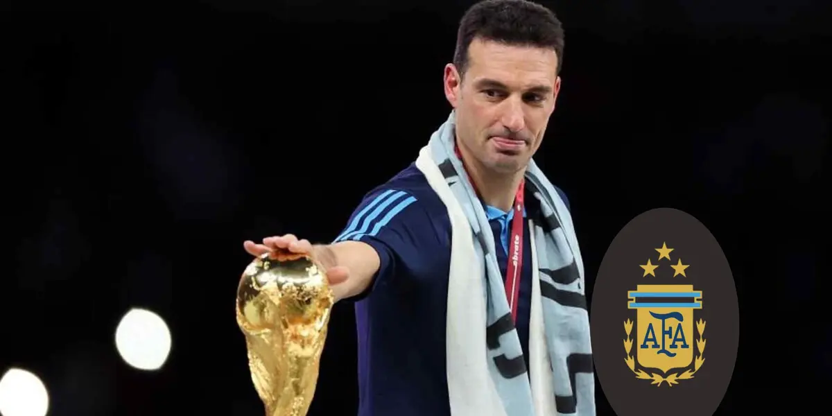 Lionel Scaloni touches the World Cup trophy while the Argentina National team badge is on the bottom right.