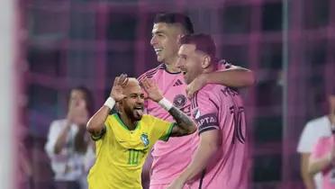 Luis Suarez and Lionel Messi celebrate an Inter Miami goal while Neymar celebrates his Brazil goal.