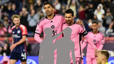 Luis Suarez and Lionel Messi hug each other while wearing Inter Miami jerseys while the mystery duo is below them.