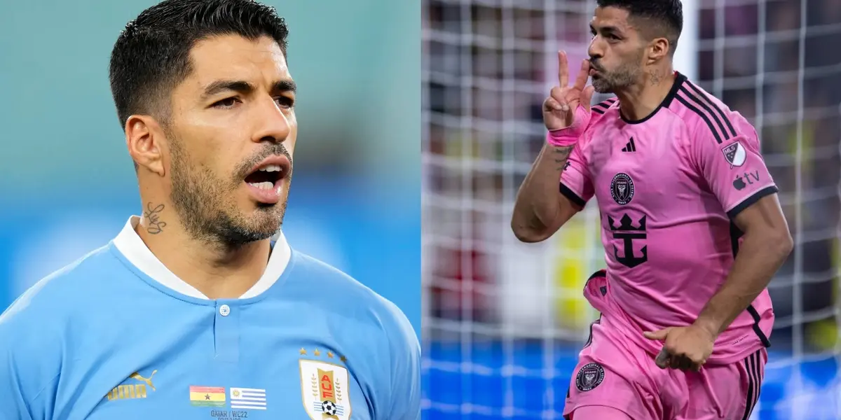 Luis Suarez is wearing the Uruguay jersey on the left and on the right he does his trademark celebration while wearing the Inter Miami jersey.