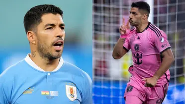 Luis Suarez is wearing the Uruguay jersey on the left and on the right he does his trademark celebration while wearing the Inter Miami jersey.