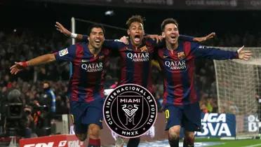 Luis Suarez, Neymar, and Lionel Messi celebrate an FC Barcelona goal. 