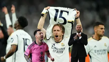 Luka Modric holds a Real Madrid jersey with the number 15 and Lionel Messi screams while wearing an Inter Miami jersey; David Beckham is wearing a suit.