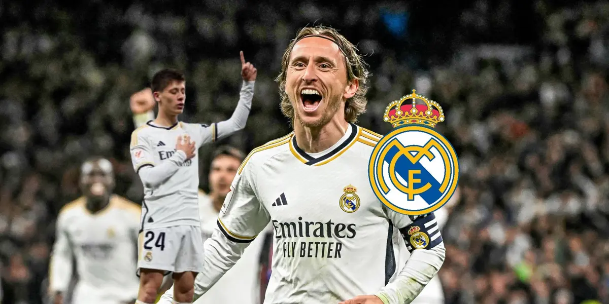Luka Modric smiles and celebrates his Real Madrid goal while Arda Guler does his trademark celebration and the Real Madrid logo is next to him. (Source: Bleacher Report X)