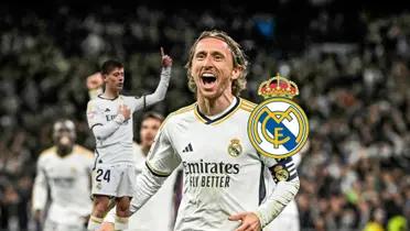 Luka Modric smiles and celebrates his Real Madrid goal while Arda Guler does his trademark celebration and the Real Madrid logo is next to him. (Source: Bleacher Report X)