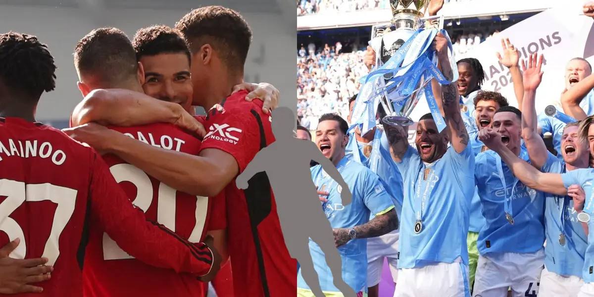 Manchester United players hug each other and Manchester City celebrate with the Premier League trophy; mystery player is in the middle.