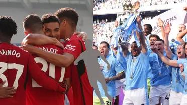 Manchester United players hug each other and Manchester City celebrate with the Premier League trophy; mystery player is in the middle.