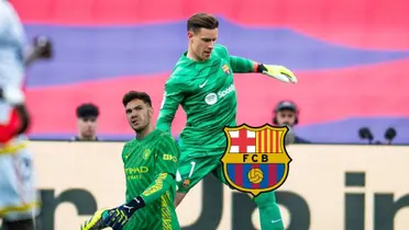 Marc-Andre Ter Stegen kicks the ball wearing the FC Barcelona goalkeeper jersey while Ederson looks up wearing the Man City goalkeeper jersey; the FC Barcelona badge is next to him.