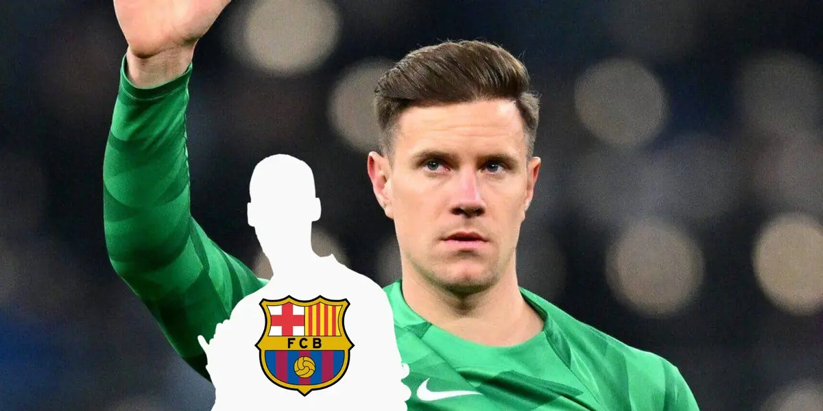 Marc-Andre ter Stegen puts his hand up in the air, wearing the FC Barcelona goalkeeper kit, while a mystery person has the Barca badge.
