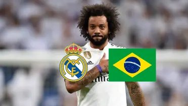 Marcelo taps on the Real Madrid crest on his jersey; the Real Madrid badge and the Brazil flag is below him.