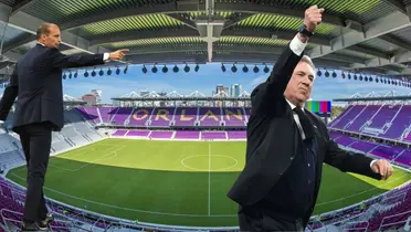 Massimiliano Allegri and Carlo Ancelotti are wearing suits and the background is the Orlando City stadium. 
