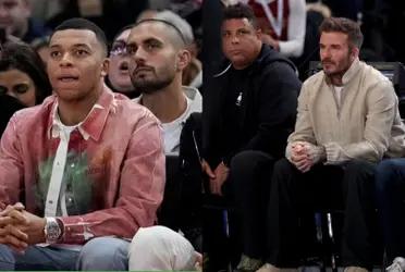 Mbappe was seen with his brother Ethan and Mukiele at the NBA game; Beckham and Ronaldo were together as well.