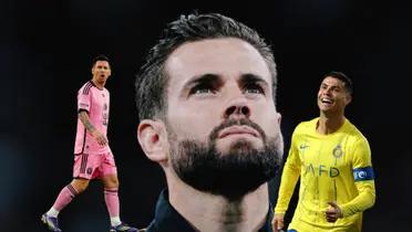 Nacho Fernandez looks up while Lionel Messi and Cristiano Ronaldo are next to him.