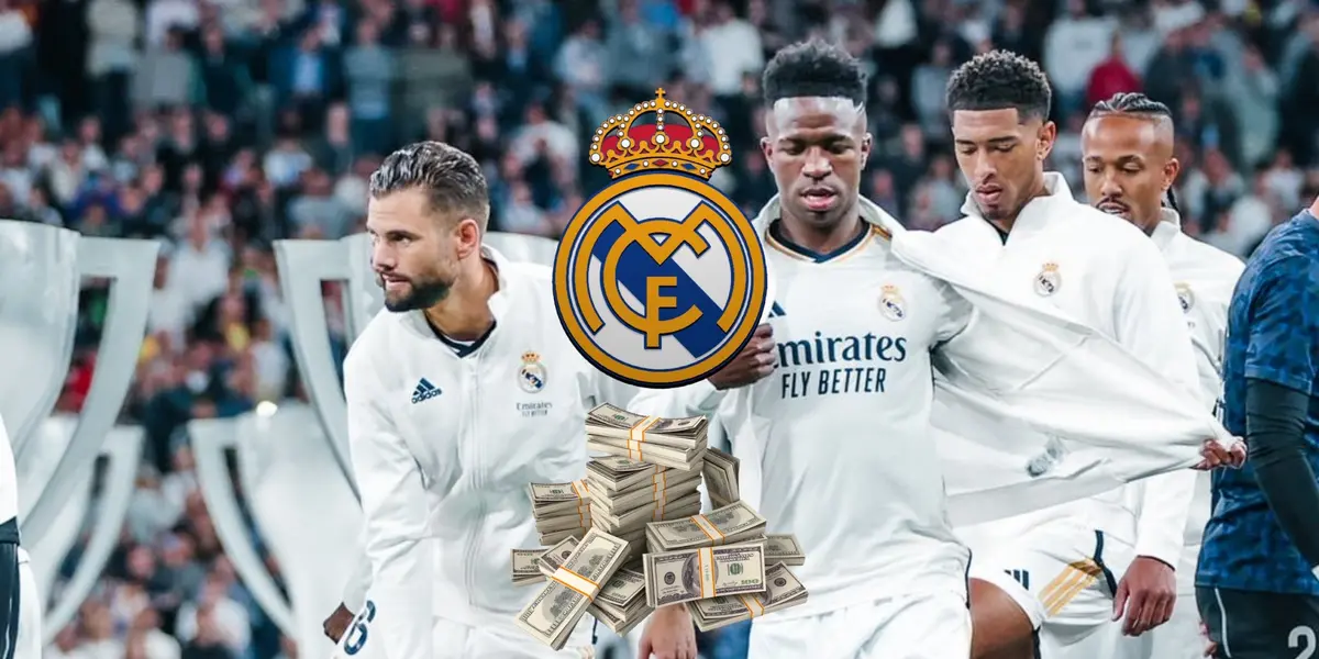 Nacho, Vinicius Jr., Jude Bellingham, and Eder Militao walk with the Real Madrid jerseys while the badge is in the middle and a stack of money is on the bottom.