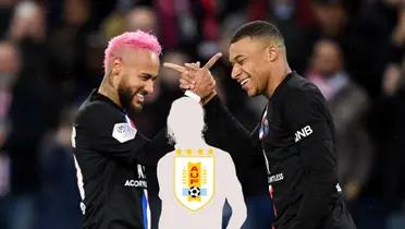 Neymar and Kylian Mbappé smile and celebrate together while being at PSG; the mystery player as the badge of the Uruguay national team.